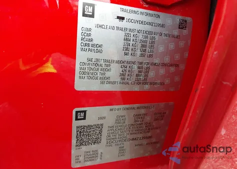 2021 Chevrolet Silverado 1500 4Wd Short Bed Lt z USA, uszkodzony, nr VIN 1GCUYDED4MZ139580